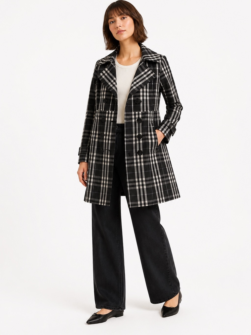 Xoxo trench coat lightweight jacket plaid black white double brest pocket medium
